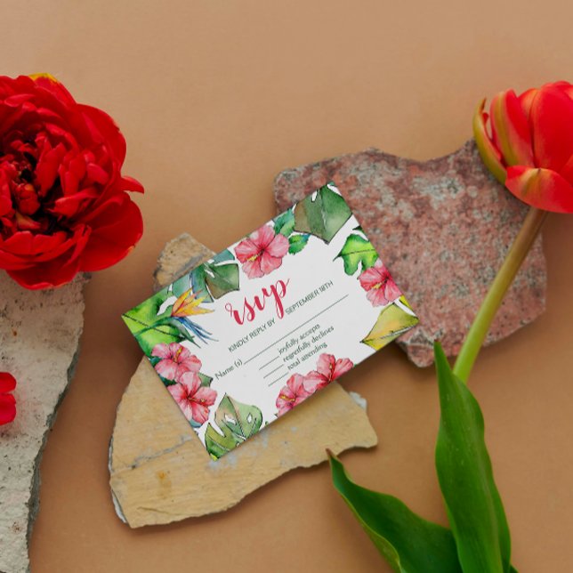 Folhas Tropicais Hibiscus Hawaiian Luau RSVP Card (Criador carregado)