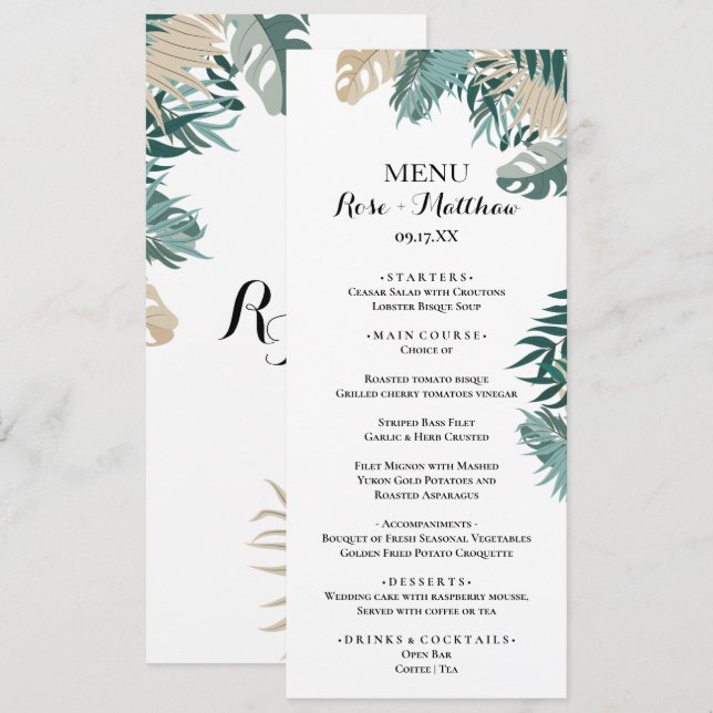 Folhas tropicais Menu Janto Casamento (Frente/Verso)