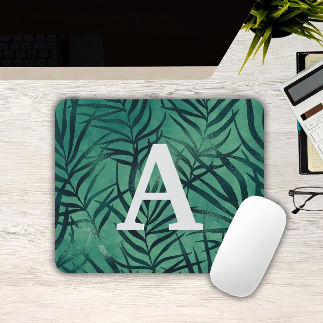 Folhas Tropicais Verdes Monogramadas Mousepad (Green Tropical Leaves Monogrammed Mousepad
)