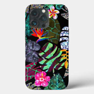 Folhas tropicais vibrantes e padrão de flores