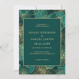 Folhas Verdes Azuis com Convite Dourado Para Casam