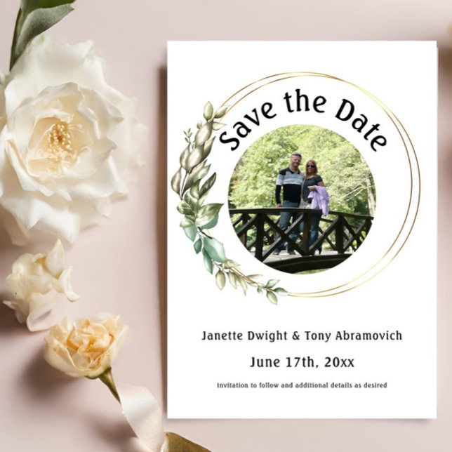 Folhas verdes da foto Salvar a data Convite (Criador carregado)