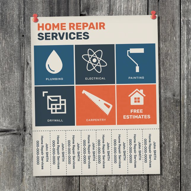 Folheto de Abas Removíveis de Serviços de Reparo d (Vintage Home Repair Services Tear Off Strips Flyer)