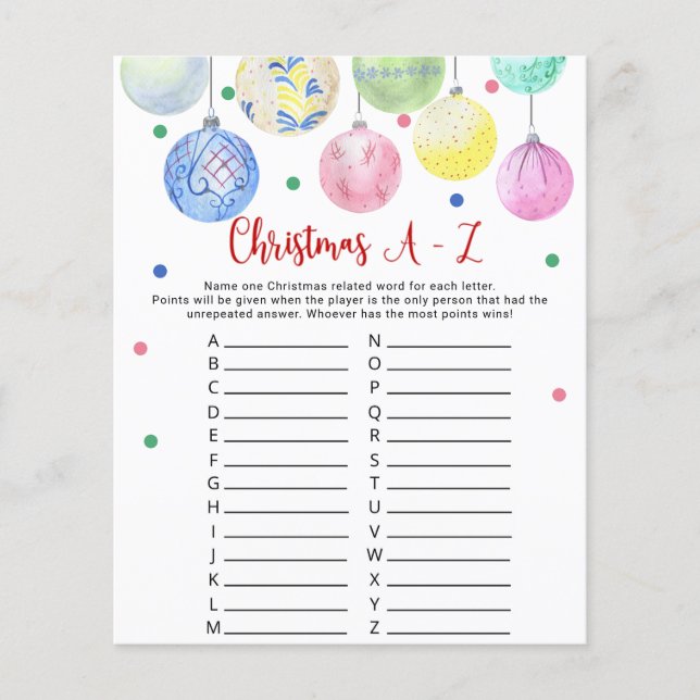 Folheto de Cartão de Jogo A-Z Natal (Frente)