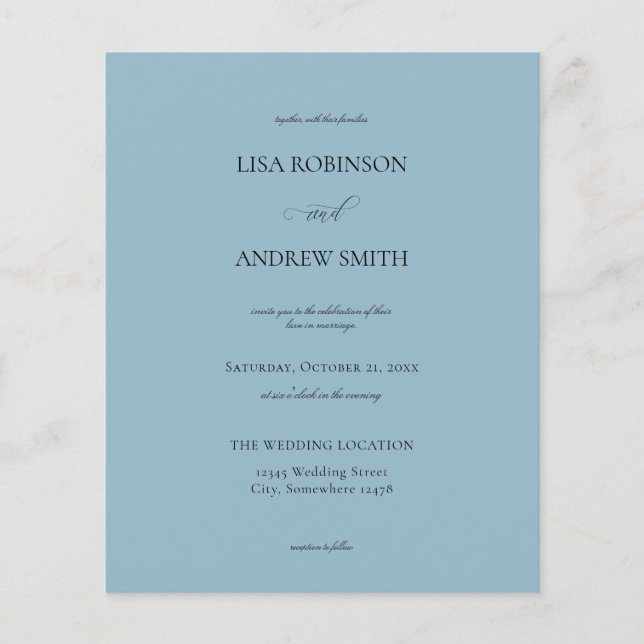 Folheto de Casamento de Caligrafia Azul com Dusty (Frente)