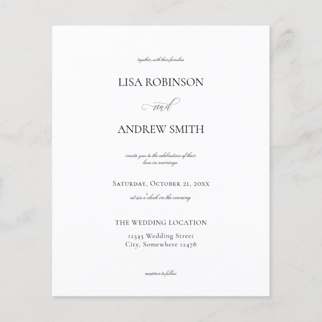 Folheto de Casamento de Caligrafia Branca de Orçam (Frente)