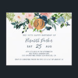 Folheto de convite de aniversário floral de 30 de<br><div class="desc">Creme de pêssego, cor-de-rosa-pincel, marfim e marinho, flores pastel azul-boêmicas buquês com folhagem verde-salva e um círculo vicioso de ouro metálico cintilante de cobre fazer um glame horizontal barato 30 milestone feminina e fabuloso / qualquer convite de aniversário etário FLYER com um trendente roteiro de tipografia perfeitamente editável. Adequado para...</div>