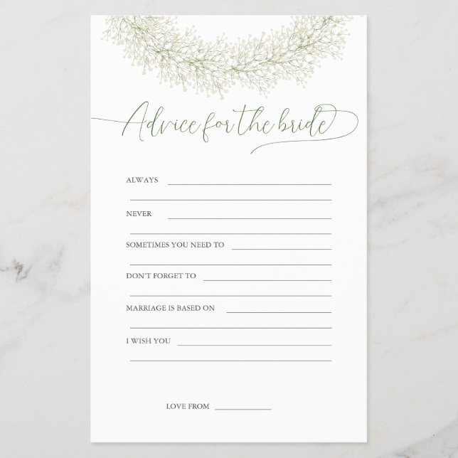 Folheto de Jogo de Chuveiro de Noiva - Conselhos P (Frente)