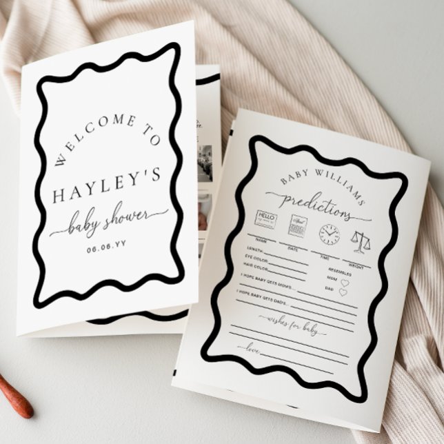 Folheto de Jogo do Chá de fraldas Branco Preto Wav (Baby Shower Games Booklet Wave Black White )