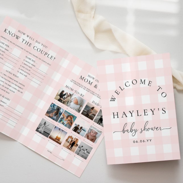 Folheto de Jogo do Chá de fraldas Gingham Rosa (Baby Shower Game Booklet Pink Gingham Check )