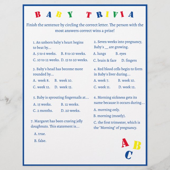 Folheto de Jogo para Bebê ABC Trivia (Frente)