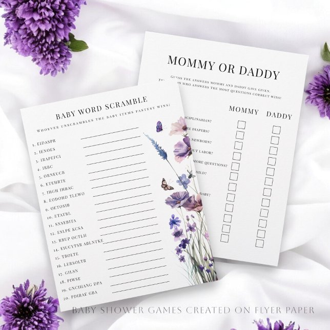 Folheto de jogos de chá de fraldas frente e verso (Baby shower games , created on  double sided flyer paper , creating two games for one sheet)