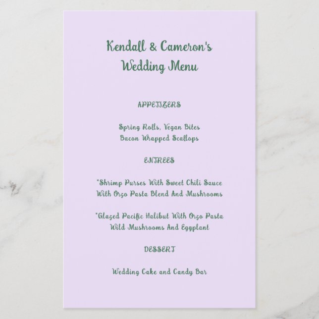 Folheto de Lavanda Sólida do Menu de Casamento de  (Frente)