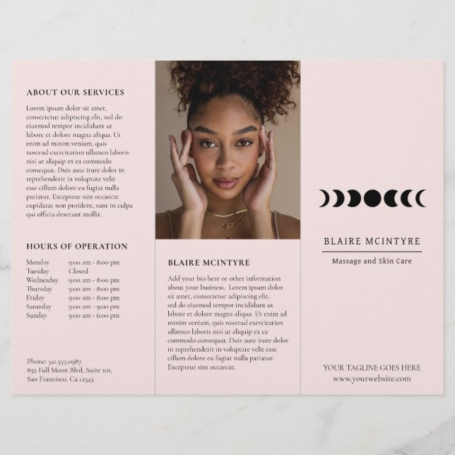 Folheto de Lua Rosa Moderna Fases Elegantes de Trê (Frente)