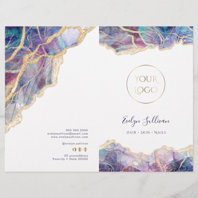 Folheto de menu de serviço do design opal roxo (Frente)