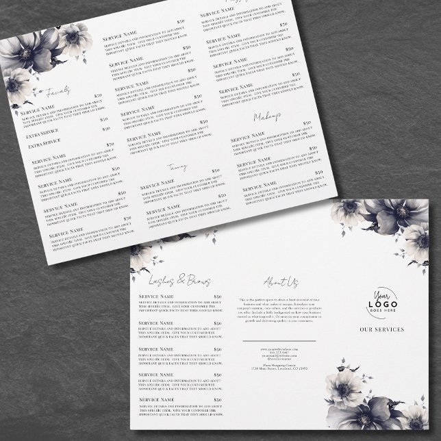 Folheto de Menu de Serviços de Spa Preto e Branco  (Elegant Black White Spa Services Menu Bochure Flyer )