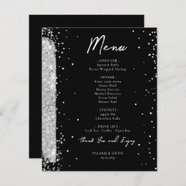 Folheto de Menu Silver e Black Glitter Wedding