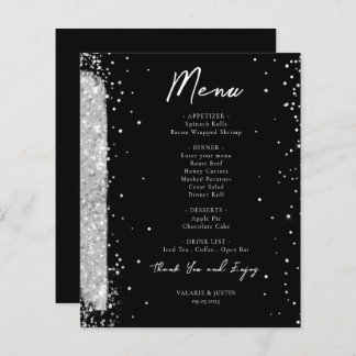 Folheto de Menu Silver e Black Glitter Wedding