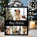 Folheto de Natal de Snowflake com Script Elegante<br><div class="desc">Orçamento, Elegante, Moderno Preto e Branco 4 Colagem Fotográfica Feliz Natal Roteiro Barato Fino Feriado Barato Feriado em branco dourado. Esta modelo de quatro cartões de fotos, festiva, minimalista, caprichosa, apresenta uma bonito colagem fotográfica, um pequeno floco de neve e diz Feliz Natal! O texto de saudação de "Feliz Natal"...</div>