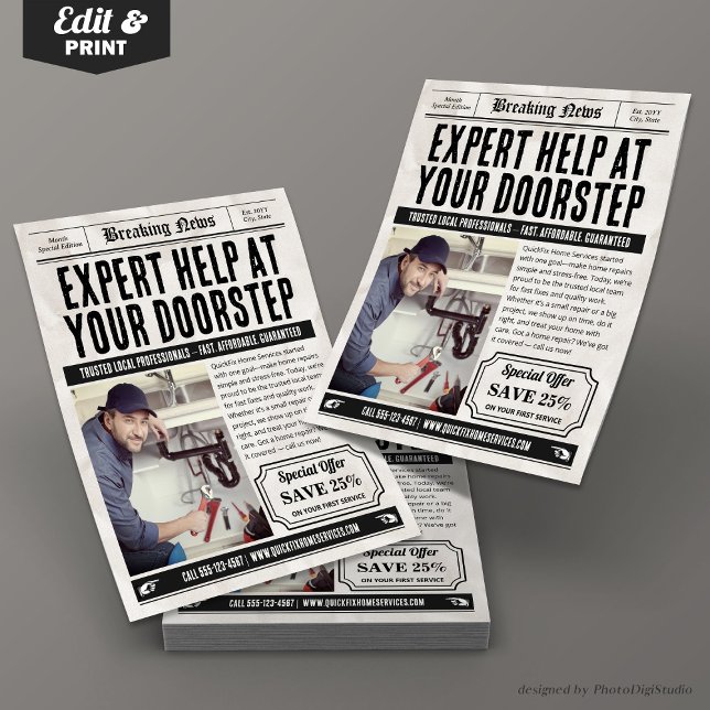 Folheto de Serviços de Jornais, Anúncios de Pequen (Newspaper Services Flyer, Retro Small Business Ads Flyer)