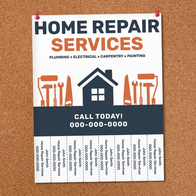 Folheto de Serviços de Reparos Domésticos com Abas (Home Repair Services Tear Off Strips Flyer)