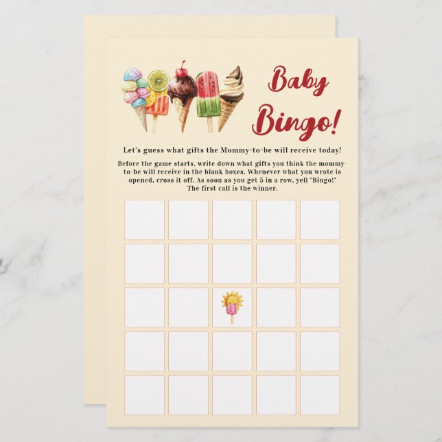 Folheto de Sorvete de Aquarela Doce Bingo de Bebê (Frente/Verso)