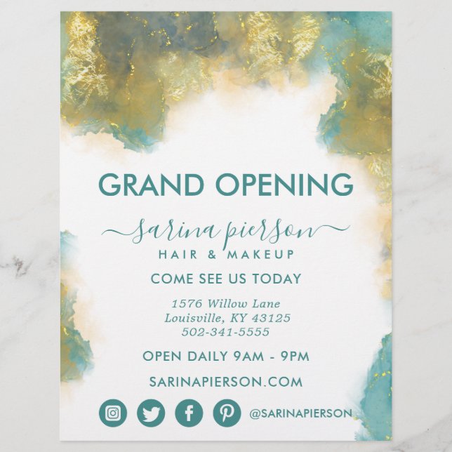 Folheto De Tinta Líquida De Arte Teal E Dourada Mo (Frente)