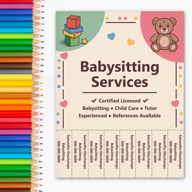 Folheto de Tiras para Arrancar de Serviços de Babá (Babysitting Services Tear Off Strips Flyer)