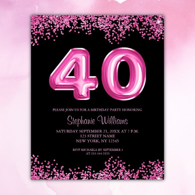 Folheto do aniversário de 40 anos Preto-Cor-de-Ros (40th Birthday Invitation - customize with your event details.)