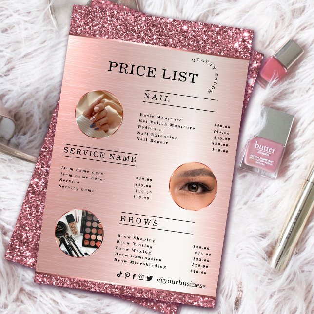 Folheto do artista Rosa Dourado (Makeup Artist Rose Gold Glitter flyer #zazzlemade #rosegold #pricelist #pinkflyer #glam #sparkle)