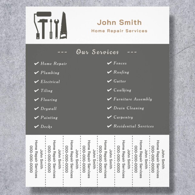 Folheto do Handyman & Home Repair Rasgar (Handyman & Home Repair Tear Off Strips Flyer)