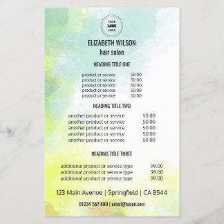 Folheto do Menu Serviço Salon do Cabelo de Água