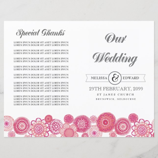 Folheto do Programa de Casamento de Flores Rosa bo (Frente)