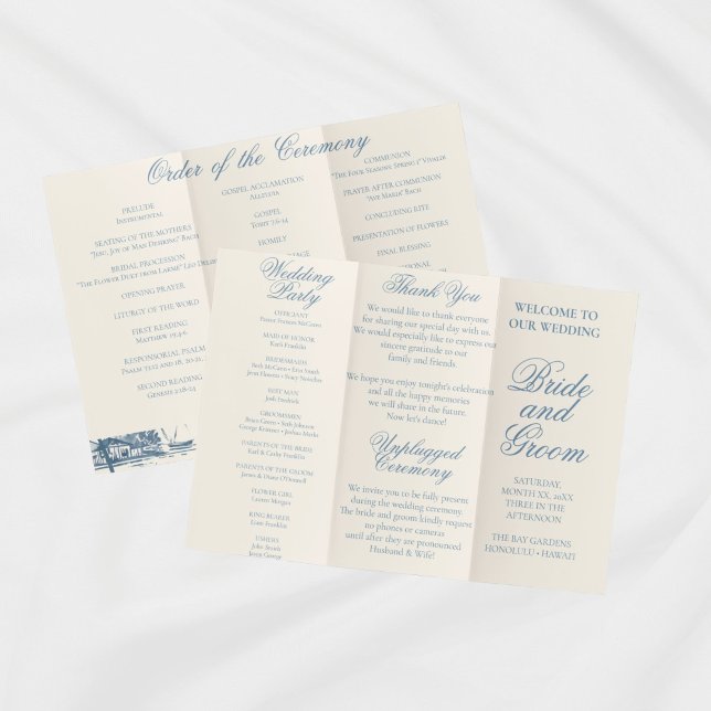 Folheto do Programa de Casamento Triplo Dusty Blue (Use this design for Tri-fold Wedding Program. Perfect for longer ceremonies! )