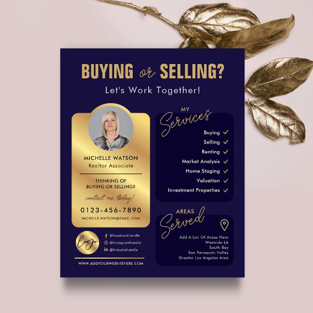 Folheto do Realtor de Fotos do Agente de Estato ma (Modern navy and gold real estate agent marketing flyer with your custom photo and logo)