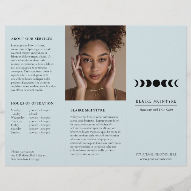 Folheto em três vezes elegante em fases de lua azu (Frente)