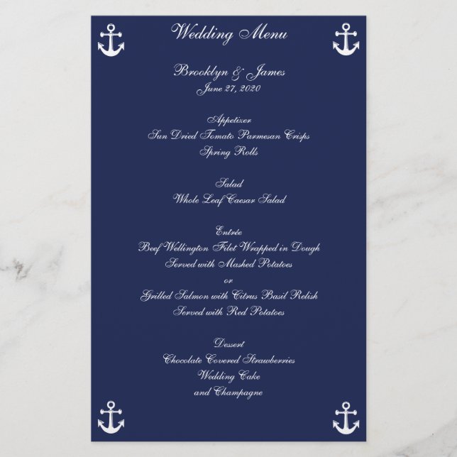 Folheto Personalizado do Menu de Casamento Náutico (Frente)