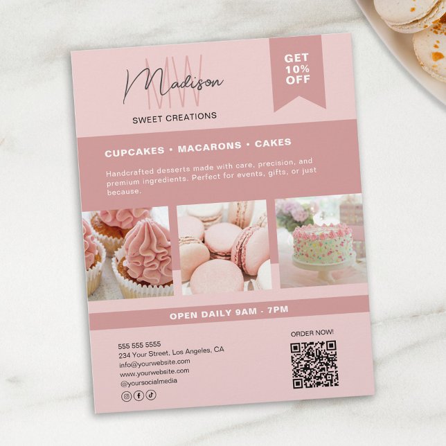 Folheto Rosa do Logotipo Monograma Personalizado (Custom Monogram Logo Bakery Pink Flyer)