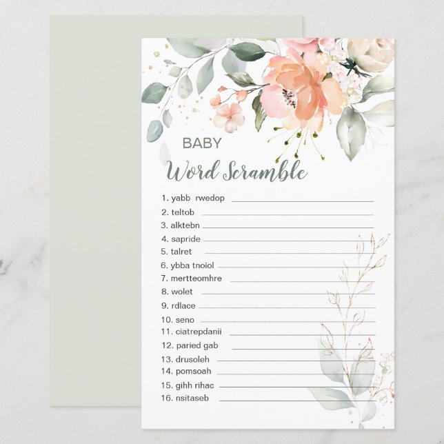 Foliage Floral Baby Word Scramble Paper Foliage (Frente/Verso)