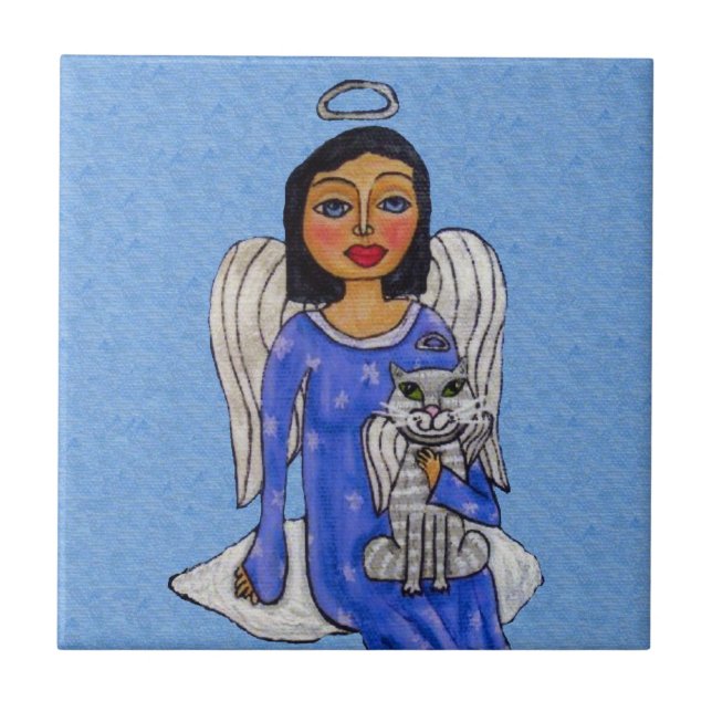 Folk Art Angel Olhos Azuis White Angel Cat na Nuve (Frente)
