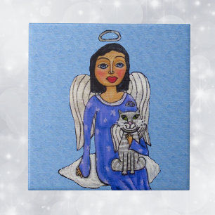 Folk Art Angel Olhos Azuis White Angel Cat na Nuve