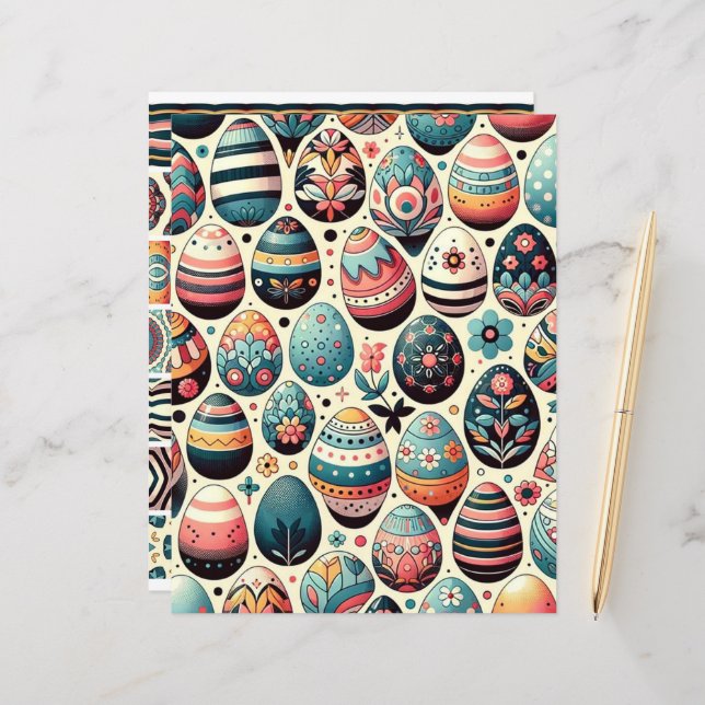 Folk Art Easter Ovos Scrapbook Paper (Frente/Verso In Situ)