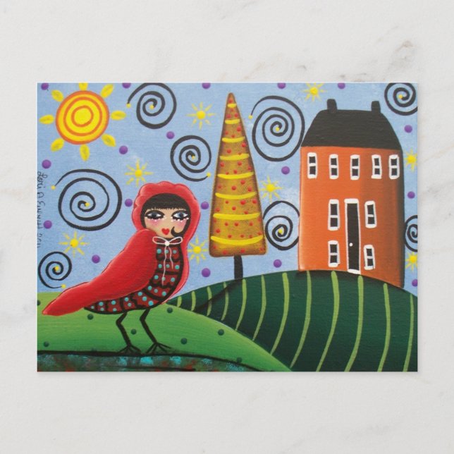 FOLK ART Red Bird, por LORI EVERETT, cartão postal (Frente)