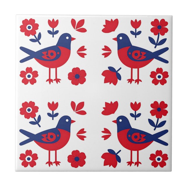Folk Art Red Blue Bird Floral Pattern (Frente)