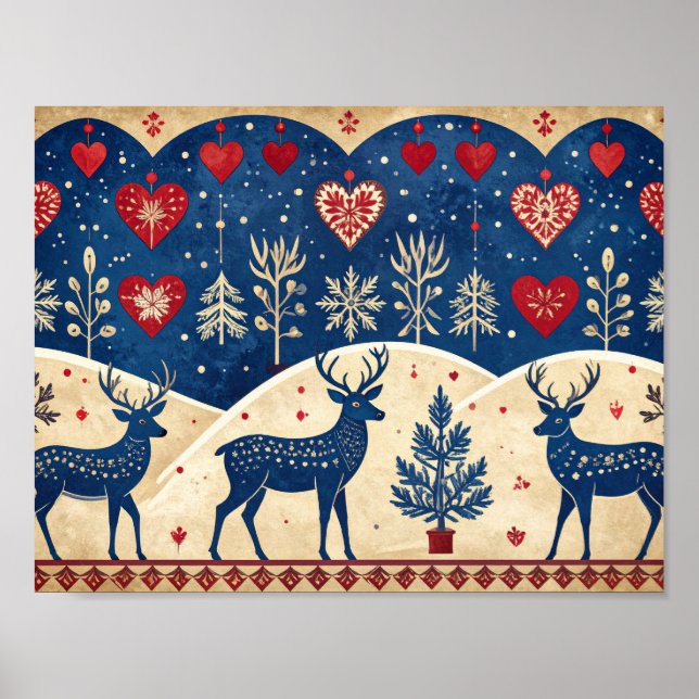 Folk-Art Reindeer Pattern Poster (Frente)
