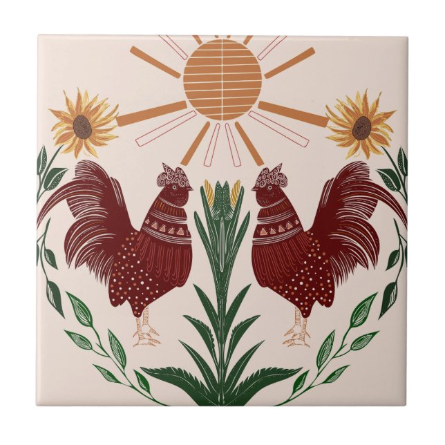 Folk Art Rooster Sunshine Design Simétrico (Frente)