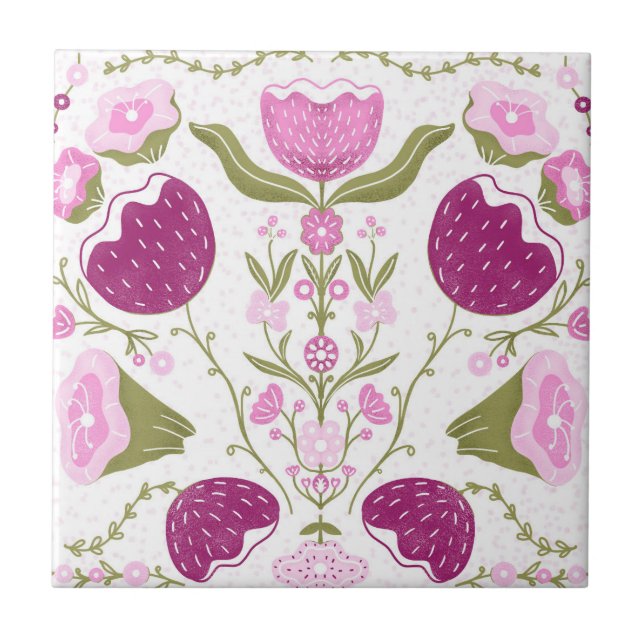 Folk Floral Pattern. Pink & Burgundy Flower Design (Frente)
