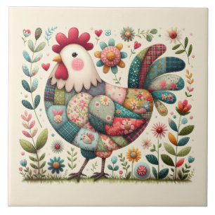 Folk Patchwork Rooster com Acentos Florais