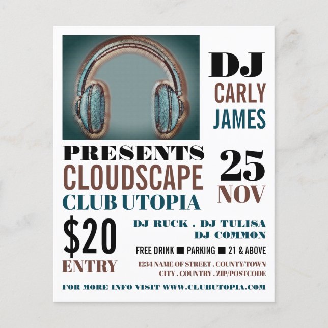 Fones de ouvido, DJ, Club Event Advertising Flyer (Frente)