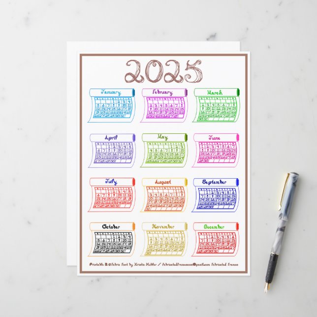 Fonte do Tecido do Calendário 2025 12 Meses de Cor (Frente/Verso In Situ)